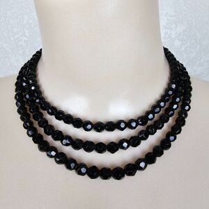 Vtg Art Deco 40s Triple Strand Mourning French Jet Black Glass Choker Necklace